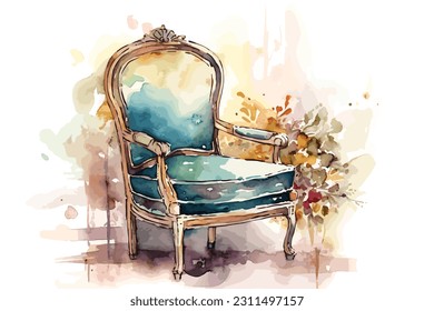 Accent chair or bench watercolor white background.