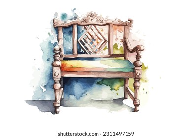 Accent chair or bench watercolor white background.