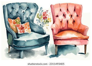 Accent chairs watercolor white background.