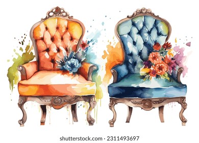 Accent chairs watercolor white background.