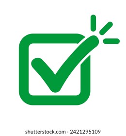 Accented check mark icon, tick mark sign with lines, accentuated green approval check mark - stock vector