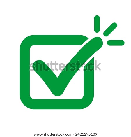 Accented check mark icon, tick mark sign with lines, accentuated green approval check mark - stock vector