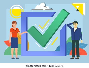 Accept, approve document, offer, vote. People stand near big green check mark. Poster for social media, web page, banner, presentation. Flat design vector illustration
