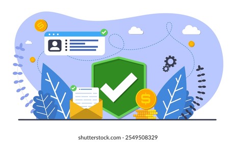 Accept background webpage template. Accepting shield with user page, mail and money coin. Design for wallpaper, web, background, banner. Flat cartoon design. 
