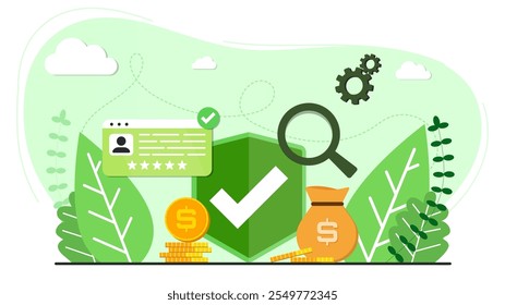 Accept background webpage template. Accepting shield with user page, dandruff and money coin. Design for wallpaper, web, background, banner. Flat cartoon design.