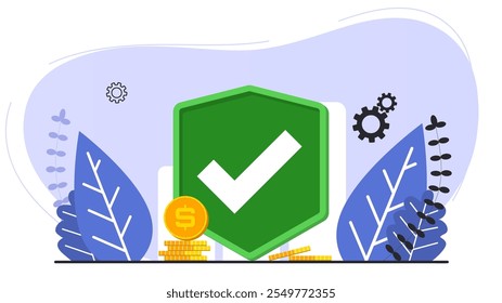 Accept background webpage template. Accepting shield with money coins and gears. Design for wallpaper, web, background, banner. Flat cartoon design.