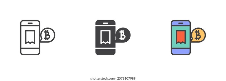 Accept bitcoin payment different style icon set. Line, glyph and filled outline colorful version, outline and filled vector sign. Smartphone with bitcoin symbol, logo illustration. Vector graphics