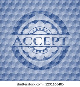 Accept blue emblem or badge with abstract geometric polygonal pattern background.