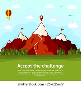 Accept the challenge concept card with high mountains, two explored and one unexplored. Vector