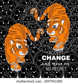 Accept change slogan with tigers on linear background vector illustration. Can be used for postcards and T-shirt printing