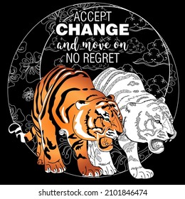 Accept change slogan with tigers on linear background vector illustration. Coloring Book for adults.