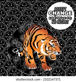 Accept change slogan with tigers on linear background vector illustration. Coloring Book for adults.