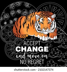 Accept change slogan with tigers on linear background vector illustration. Coloring Book for adults.