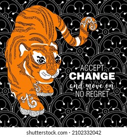 Accept change slogan with tigers on linear background vector illustration. Coloring Book for adults.