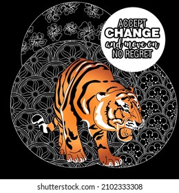 Accept change slogan with tigers on linear background vector illustration. Coloring Book for adults.