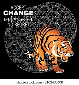 Accept change slogan with tigers on linear background vector illustration. Coloring Book for adults.