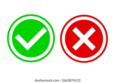 Aceitar marca de seleção. Negar símbolo cruzado. Botões de gráfico vetorial. Contraste vermelho-verde.