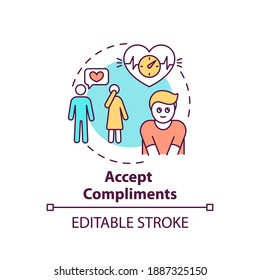 Accept compliments concept icon. Body positivity tips. Receiving nice words. Happy everyday life idea thin line illustration. Vector isolated outline RGB color drawing. Editable stroke