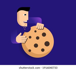 Accept cookies vector icon on blue background. Abstract character eating big cookie. Vector illustration svg