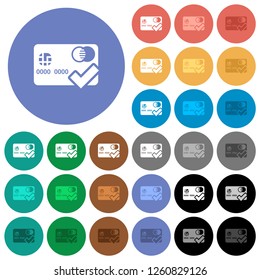 Accept credit card multi colored flat icons on round backgrounds. Included white, light and dark icon variations for hover and active status effects, and bonus shades.