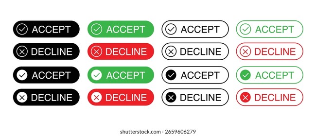 Acepta y rechaza los Botones con marcas de verificación e íconos cruzados. Sí y no ilustración de Vector de Web de elección de interfaz aislada sobre fondo blanco