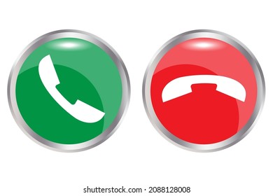 Accept and decline call buttons. Phone signs. Green and red circles. Silver frame. Vector illustration. Stock image. EPS 10.