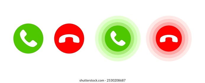 Ícone de aceitar e recusar chamada definido. Coleção de botões Atender e Rejeitar chamada. Pictograma de interface móvel de chamada de entrada verde e vermelho. Redondo telefone celular aceitar e recusar botões de ilustração vetorial.