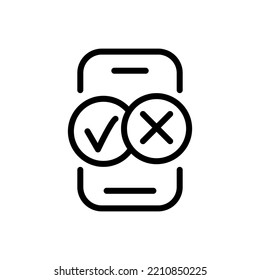 Aceptar y rechazar el icono de línea de llamada. Contactos comerciales, cruz, marca de verificación, teléfono, marcado, libro de contactos, tono de llamada. Concepto de comunicación. Fondo blanco. Icono de línea de vector para negocios y publicidad.