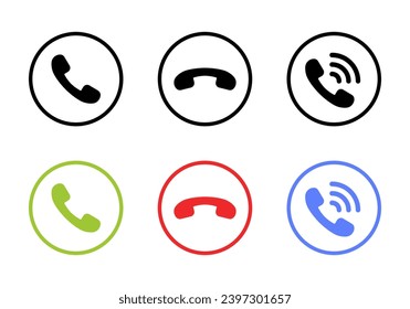 Accept and decline incoming call icon on circle line. Answer, reject, and handset vector