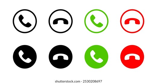 Aceptar y rechazar el conjunto de iconos de Botones de teléfono móvil. Contesta la Ilustración vectorial telefónica. Rechaza el símbolo de llamada. Pictogramas redondos de llamadas rojas y verdes. Web de comunicación y Elementos de interfaz de App.