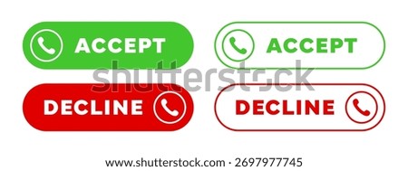 Accept and Decline Phone Call Buttons Set. Green and Red Rounded Rectangular Vector Icons