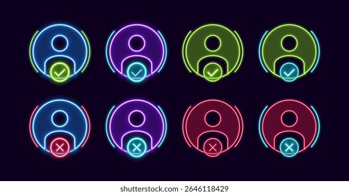 Conjunto de símbolos de perfil de aceptación y denegación, visual de neón cibernético, Vector de cuadrícula de borde brillante.
