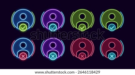 Accept and denied profile symbol set, cyber neon visual, glowing border grid vector.