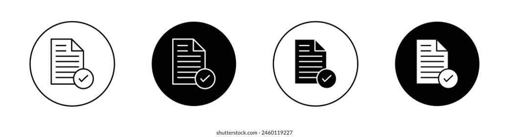 Accept document icon set. summary done sign. qualification paper with tick mark. authorize agreement paper vector symbol. request form done icon. test pass symbol in black filled and outlined style.