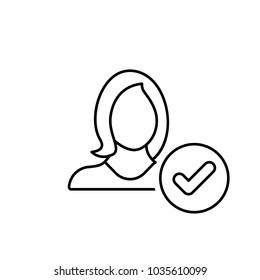 Accept Female User, Woman Profile Icon. Check Girl Account Sign. Vector Line