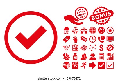 Accept icon with bonus clip art. Vector illustration style is flat iconic symbols, red color, white background.