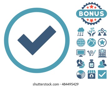 Accept icon with bonus design elements. Vector illustration style is flat iconic bicolor symbols, cyan and blue colors, white background.