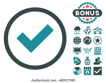 Accept icon with bonus images. Vector illustration style is flat iconic bicolor symbols, soft blue colors, white background.