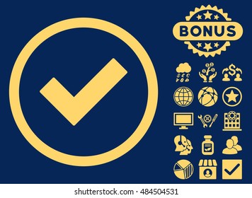 Accept icon with bonus pictures. Vector illustration style is flat iconic symbols, yellow color, blue background.
