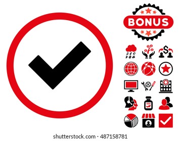 Accept icon with bonus pictures. Vector illustration style is flat iconic bicolor symbols, intensive red and black colors, white background.
