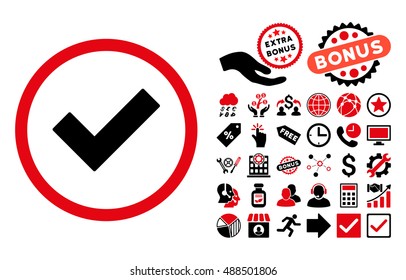 Accept icon with bonus pictures. Vector illustration style is flat iconic bicolor symbols, intensive red and black colors, white background.