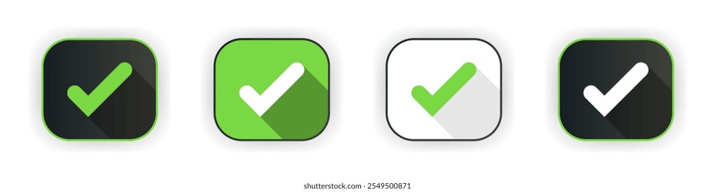 Aceitar conjunto de ícones. Design para ícones de aplicativos. Botão verde com sombra. Modelo de botão. Ilustração vetorial. 
