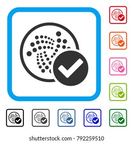Accept Iota icon. Flat gray pictogram symbol in a blue rounded rectangular frame. Black, gray, green, blue, red, pink color versions of accept iota vector. Designed for web and application UI.