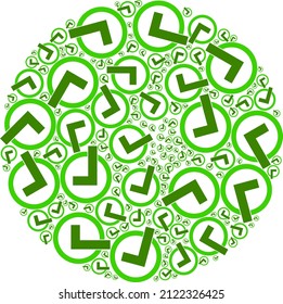 Accept items are grouped into round group. Accept icon round composition. Abstract round cluster mosaic is organized with accept icons.