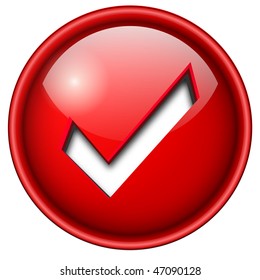 Accept mark, sign icon, button, 3d red glossy circle.