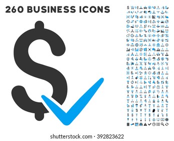 Accept Money icon within 260 vector business pictogram set. Style is bicolor flat symbols, light blue and gray colors, white background.