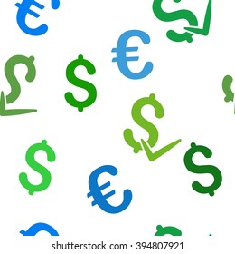 Accept Money vector repeatable pattern with dollar and euro currency symbols. Style is flat colored icons on a white background.