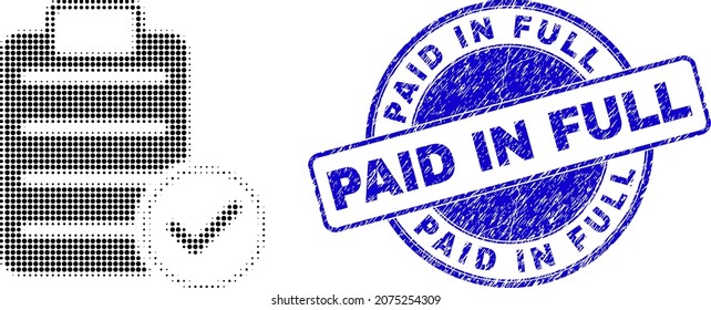 Aceptar el icono de punto medio de tono de texto de almohadilla con sello de sello completo pagado. Sello de sello texturizado redondo de vector azul con la frase completa dentro de forma de círculo.