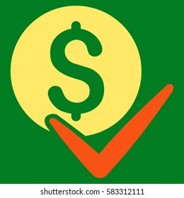 Accept Payment vector pictogram. Illustration style is a flat iconic bicolor orange and yellow symbol on green background.