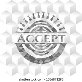 Accept realistic grey emblem with cube white background